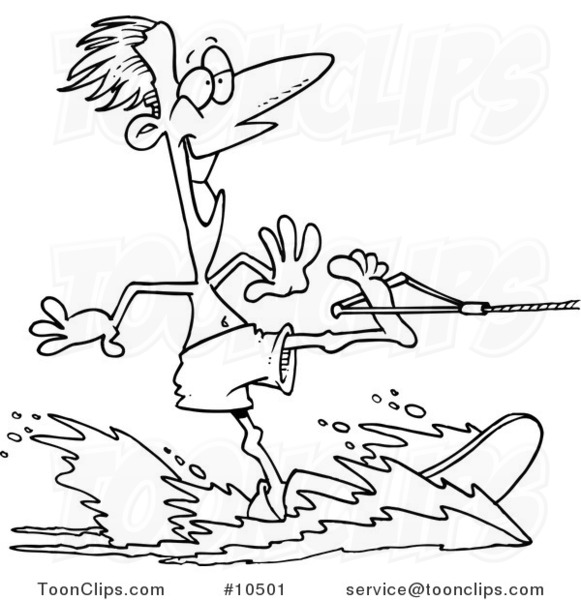 Cartoon Black and White Line Drawing of a Water Skiing Guy