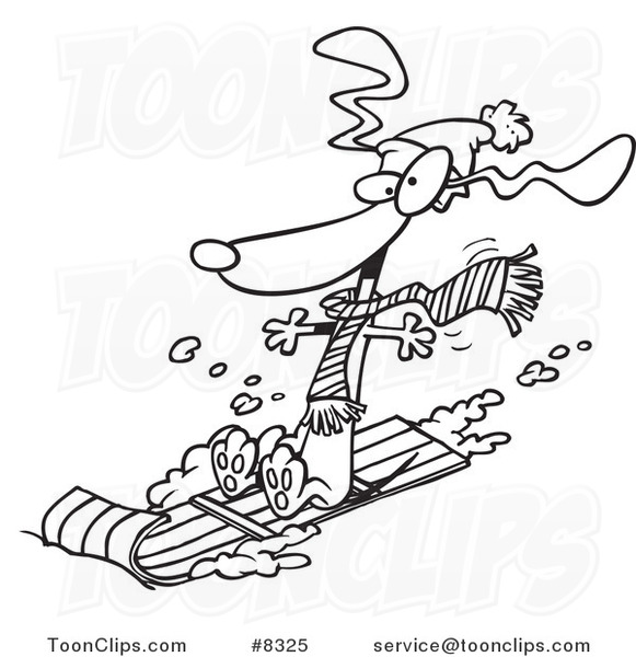 Cartoon Black and White Line Drawing of a Wiener Dog Sledding