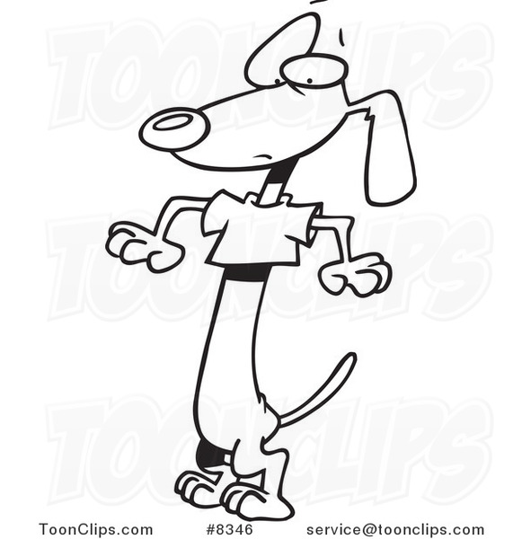 Cartoon Black and White Line Drawing of a Wiener Dog Wearing a Short T Shirt