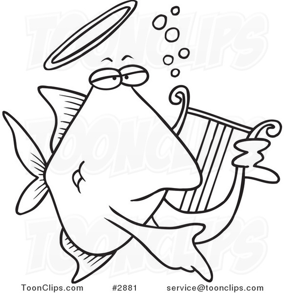 Cartoon Black and White Line Drawing of an Angelfish Playing a Lyre