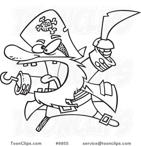 Cartoon Black and White Line Drawing of an Attacking Pirate