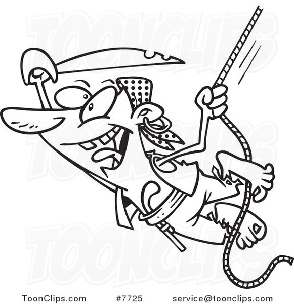 Cartoon Black and White Line Drawing of an Attacking Pirate