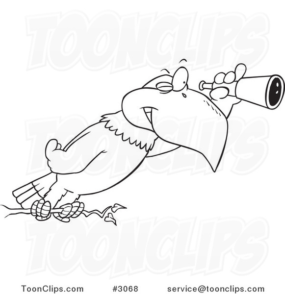 Cartoon Black and White Line Drawing of an Eagle Using a Telescope #3068 by  Ron Leishman