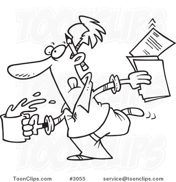 Cartoon Black and White Line Drawing of an Editor Running with Coffee and  Documents #3055 by Ron Leishman