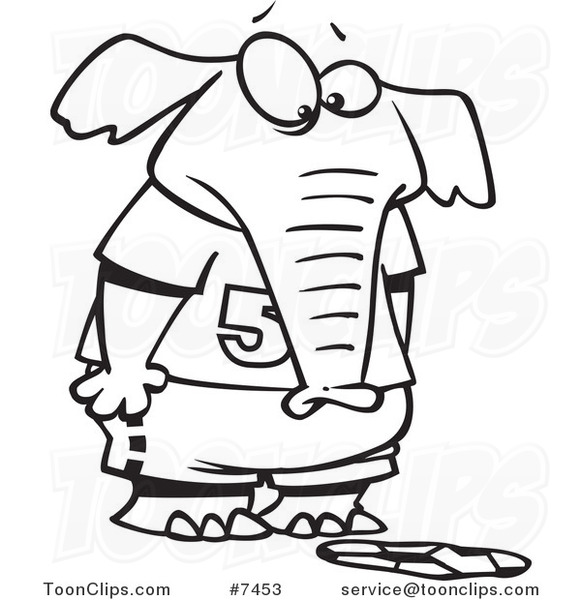 Cartoon Black and White Line Drawing of an Elephant Staring at a Flattened Soccer Ball