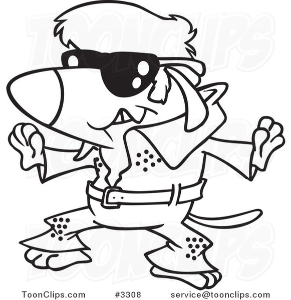 Cartoon Black and White Line Drawing of an Elvis Impersonator Dog Dancing