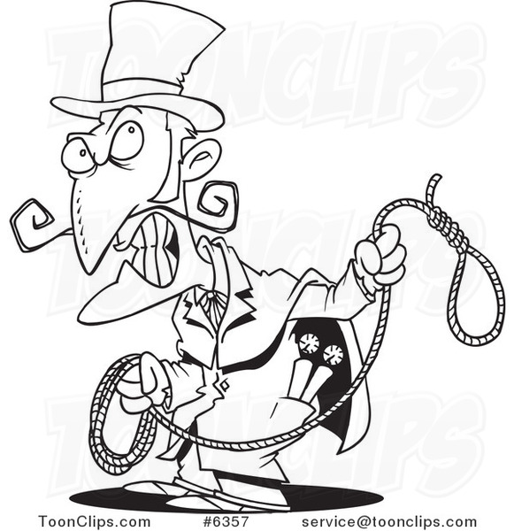 Cartoon Black and White Line Drawing of an Evil Guy with a Noose #6357 by  Ron Leishman
