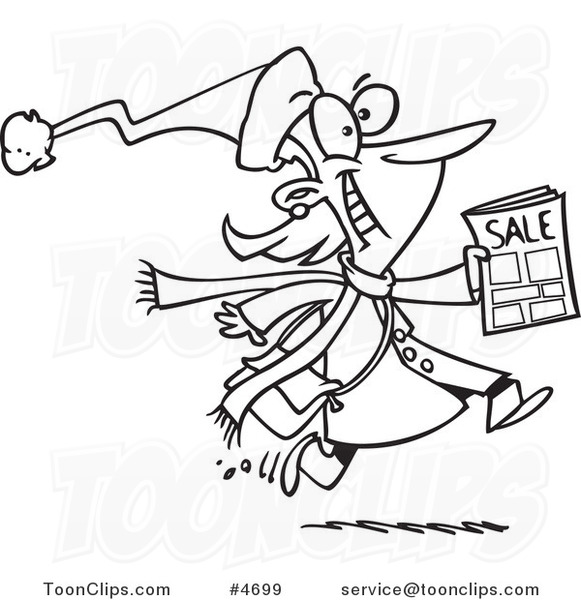 Cartoon Black and White Line Drawing of an Excited Black Friday Shopper Running with a Sale Ad