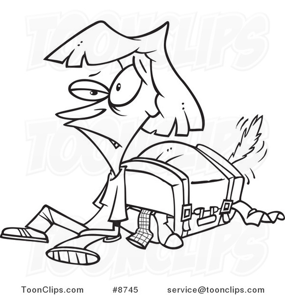 Cartoon Black and White Line Drawing of an Exhausted Lady by Her Packed Suitcase