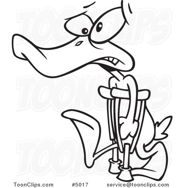 Cartoon Black and White Line Drawing of an Injured Duck Using Crutches for  His Lame Leg #5017 by Ron Leishman