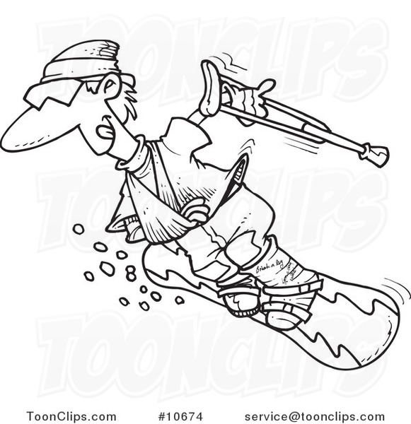 Cartoon Black and White Line Drawing of an Injured Snowboarder
