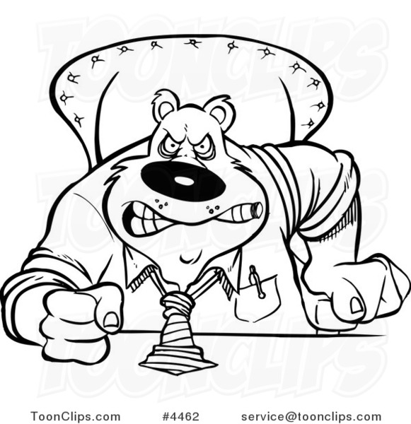 Cartoon Black and White Line Drawing of an Intimidating Business Bear Pounding His Desk