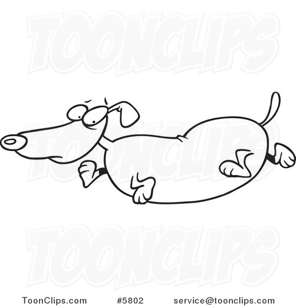 Cartoon Black and White Line Drawing of an Obese Wiener Dog