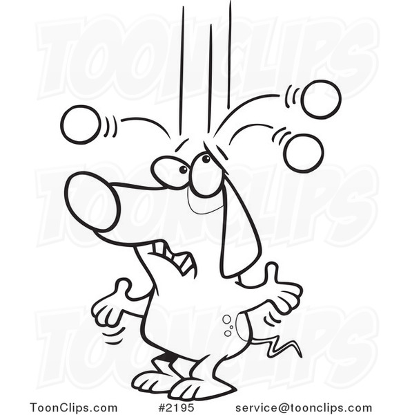 Cartoon Black and White Line Drawing of an Old Dog Trying to Juggle Balls