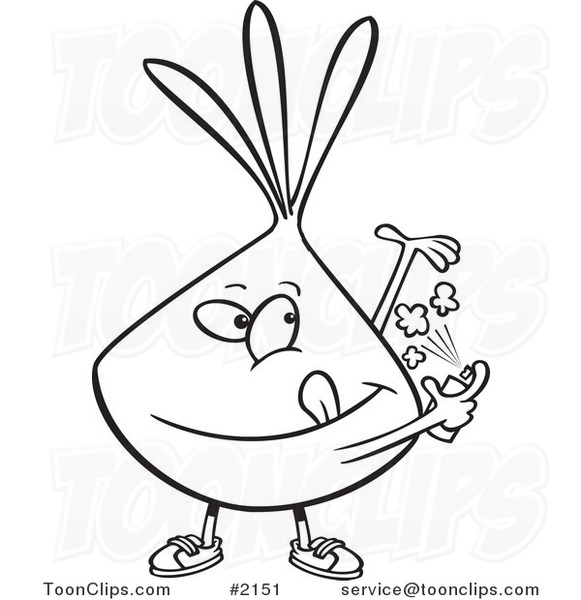 Cartoon Black and White Line Drawing of an Onion Spraying on Deodorant