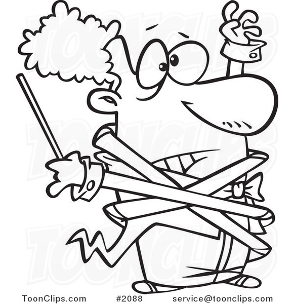 Cartoon Black and White Line Drawing of an Orchestra Conductor Tangled in His Jacket