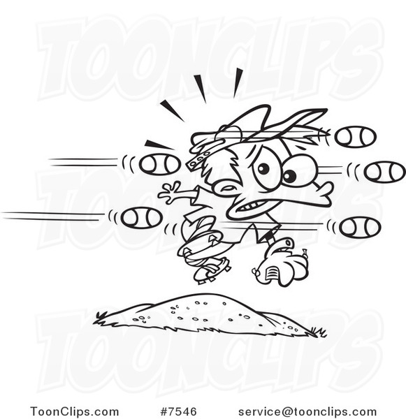 Cartoon Black and White Line Drawing of Baseballs Flying at a Little Boy