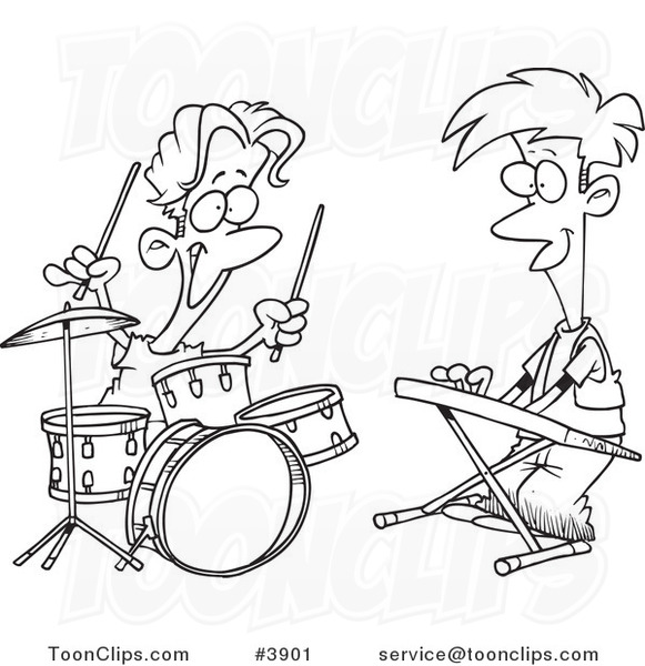 Cartoon Black and White Line Drawing of Boys Drumming and Keyboarding in a Band