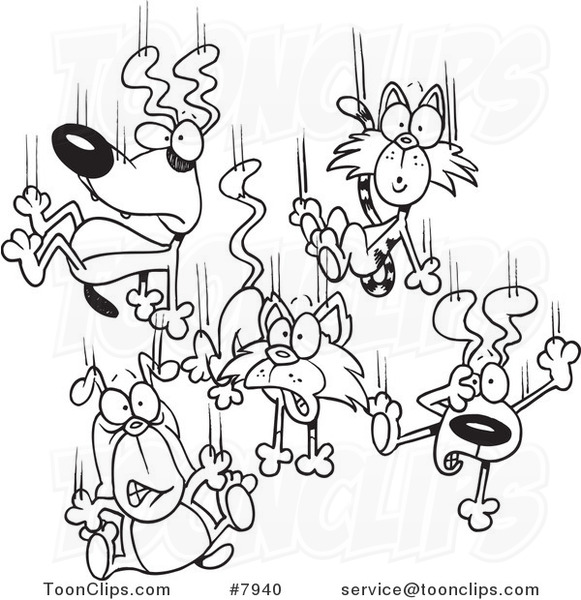 Cartoon Black and White Line Drawing of Cats and Dogs Raining down