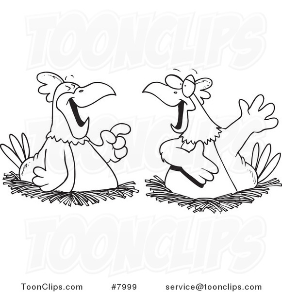 Cartoon Black and White Line Drawing of Chatting Chickens