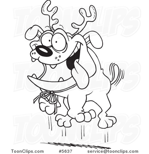Cartoon Black and White Line Drawing of Christmas Bulldog Wearing Antlers