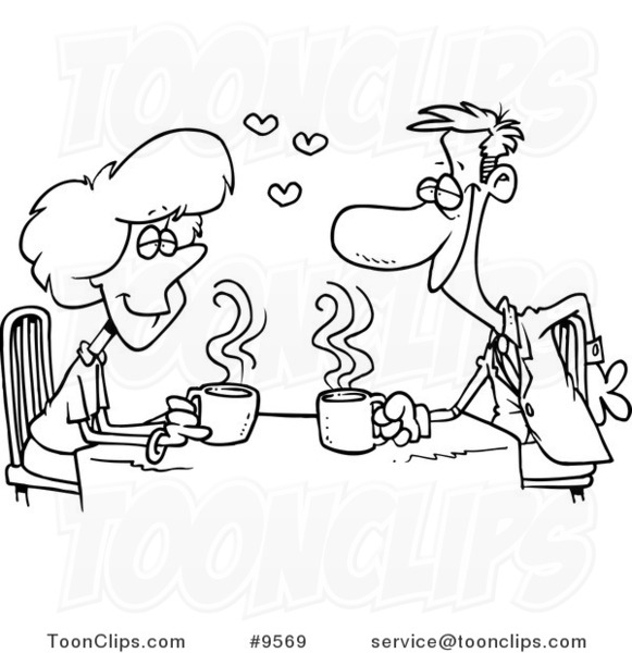 Cartoon Black and White Line Drawing of Coffee Lovers on a Date #9569 by  Ron Leishman