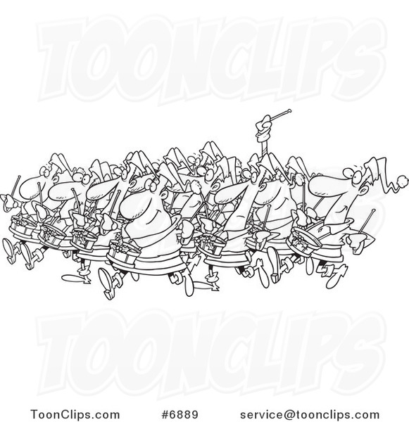 Cartoon Black and White Line Drawing of Drummers Drumming