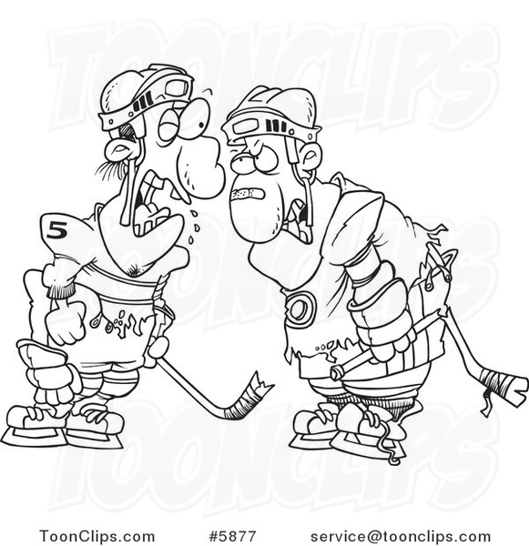 Cartoon Black and White Line Drawing of Fighting Hockey Players