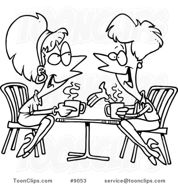 Cartoon Black and White Line Drawing of Friends Talking over Coffee #9053  by Ron Leishman