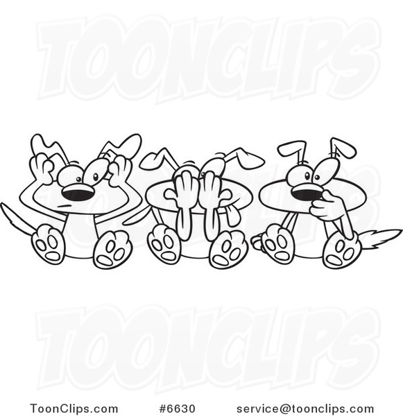 Cartoon Black and White Line Drawing of Hear No See No and Speak No Evil Dogs