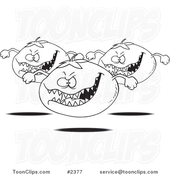 Cartoon Black and White Line Drawing of Monster Tomatoes