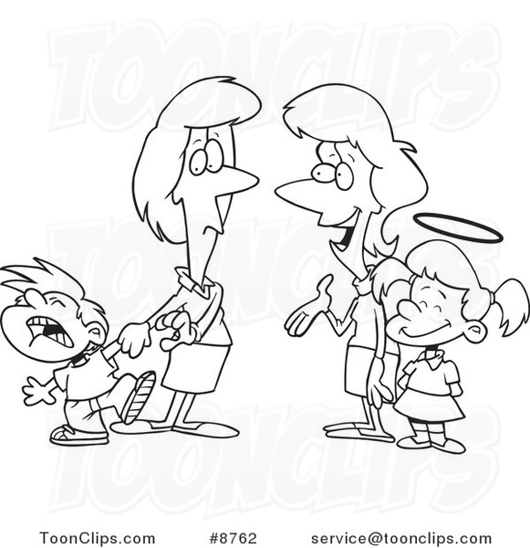 Cartoon Black and White Line Drawing of Mothers with Contrasting Kids