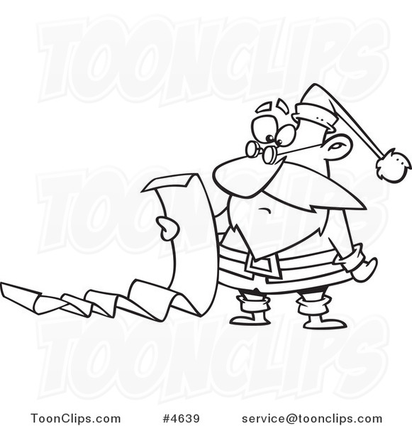 Cartoon Black and White Line Drawing of Santa Reading a Long List