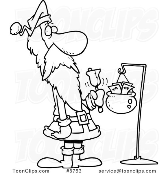 Cartoon Black and White Line Drawing of Santa Ringing a Bell