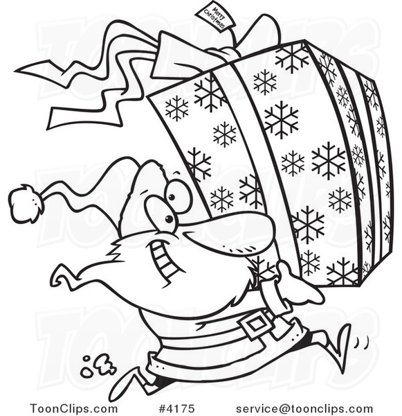 Cartoon Black and White Line Drawing of Santa Running and Carrying a Large Gift