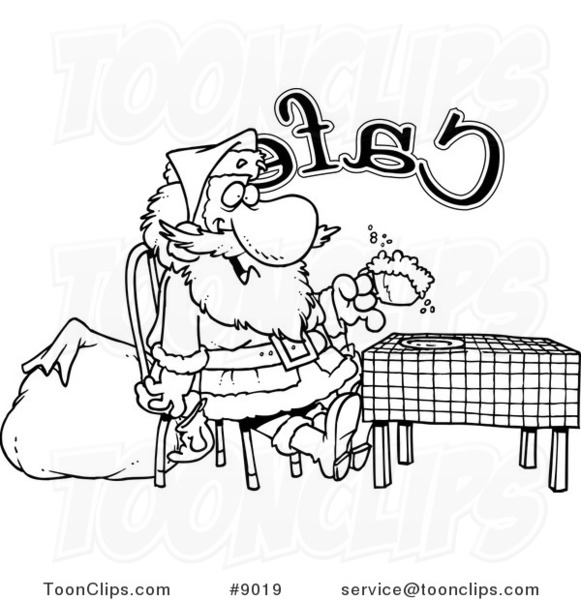 Cartoon Black and White Line Drawing of Santa Taking a Break in a Cafe