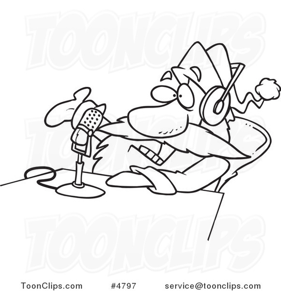 Cartoon Black and White Line Drawing of Santa Talking on the Radio