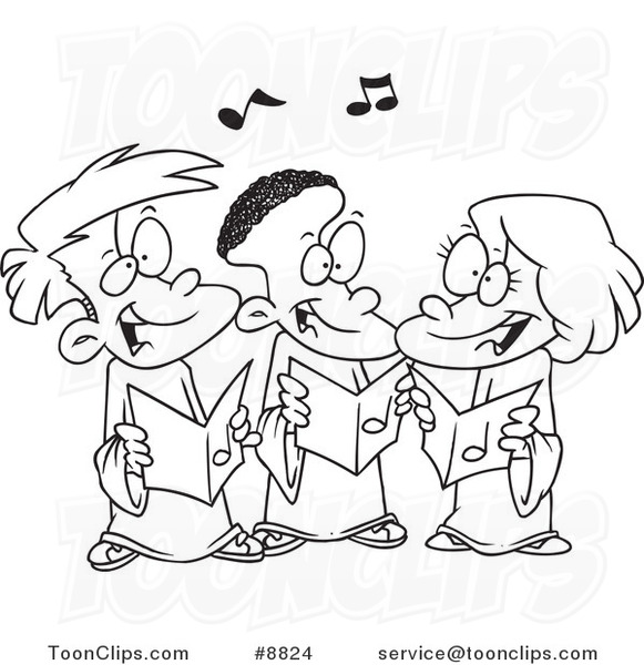 Cartoon Black and White Line Drawing of Singing Kids in a Choir