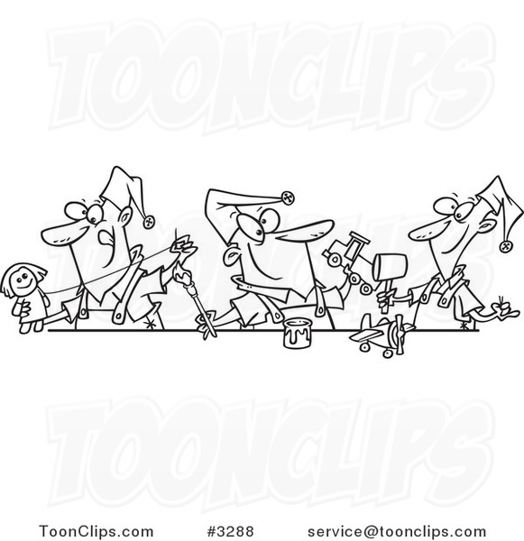 Cartoon Black and White Line Drawing of Three Christmas Elves Making Toys