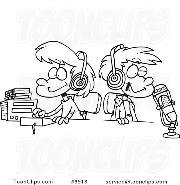 Cartoon Black and White Line Drawing of Two Kid DJs