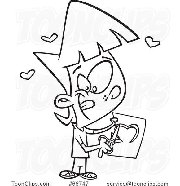 Cartoon Black and White Little Girl Cutting a Heart in a Valentines Day Card