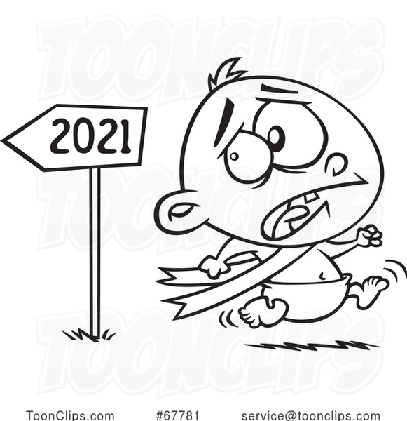 Cartoon Black and White New Year Baby Running from 2021 in Fear