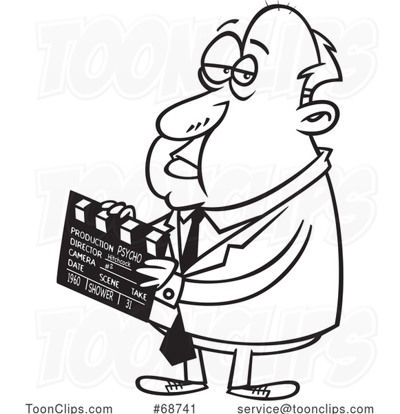Cartoon Black and White of Alfred Hitchcock Holding a Clapperboard