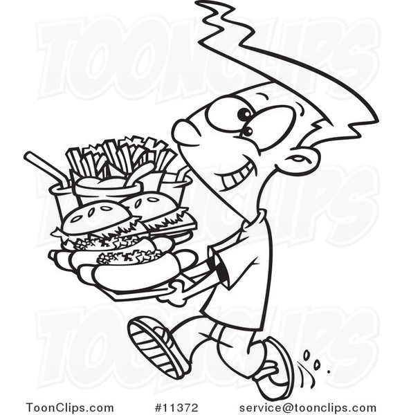 Cartoon Black and White Outline Design of a Boy Carrying a Heavy Fast Food Tray
