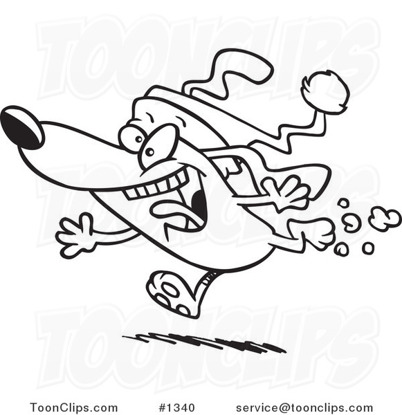 Cartoon Black and White Outline Design of a Christmas Dog Running and Wearing a Santa Hat