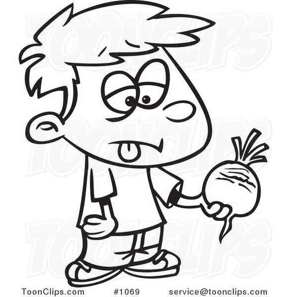 Cartoon Black and White Outline Design of a Disgusted Boy Holding a Turnip