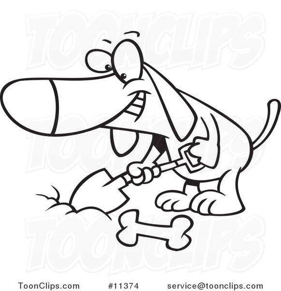 Cartoon Black and White Outline Design of a Dog Digging a Deposit Hole for a Bone