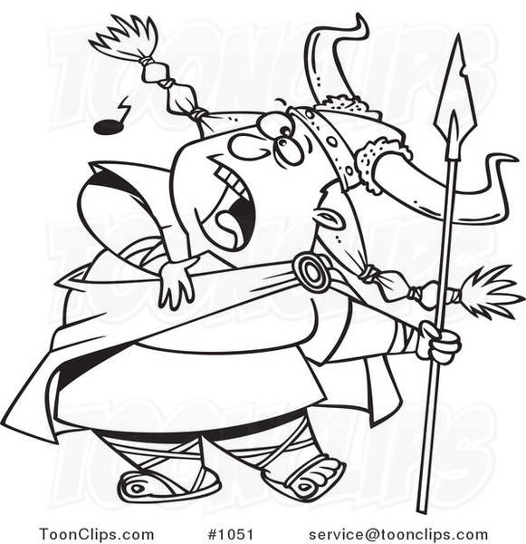 Cartoon Black and White Outline Design of a Female Viking Singing a Song and Holding a Spear