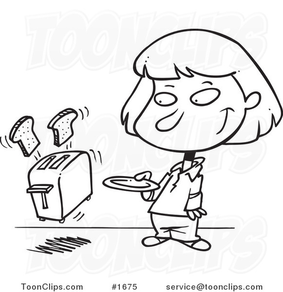 Cartoon Black and White Outline Design of a Girl Holding a Plate for Her Toast Popping out of a Toaster