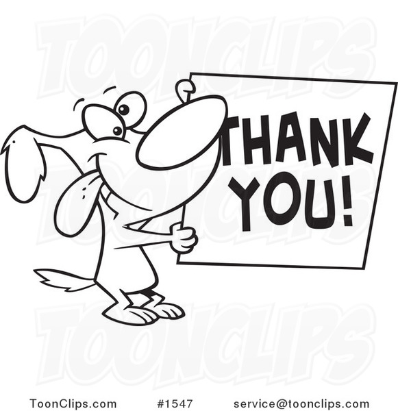 Cartoon Black and White Outline Design of a Grateful Dog Holding a Thank You Sign